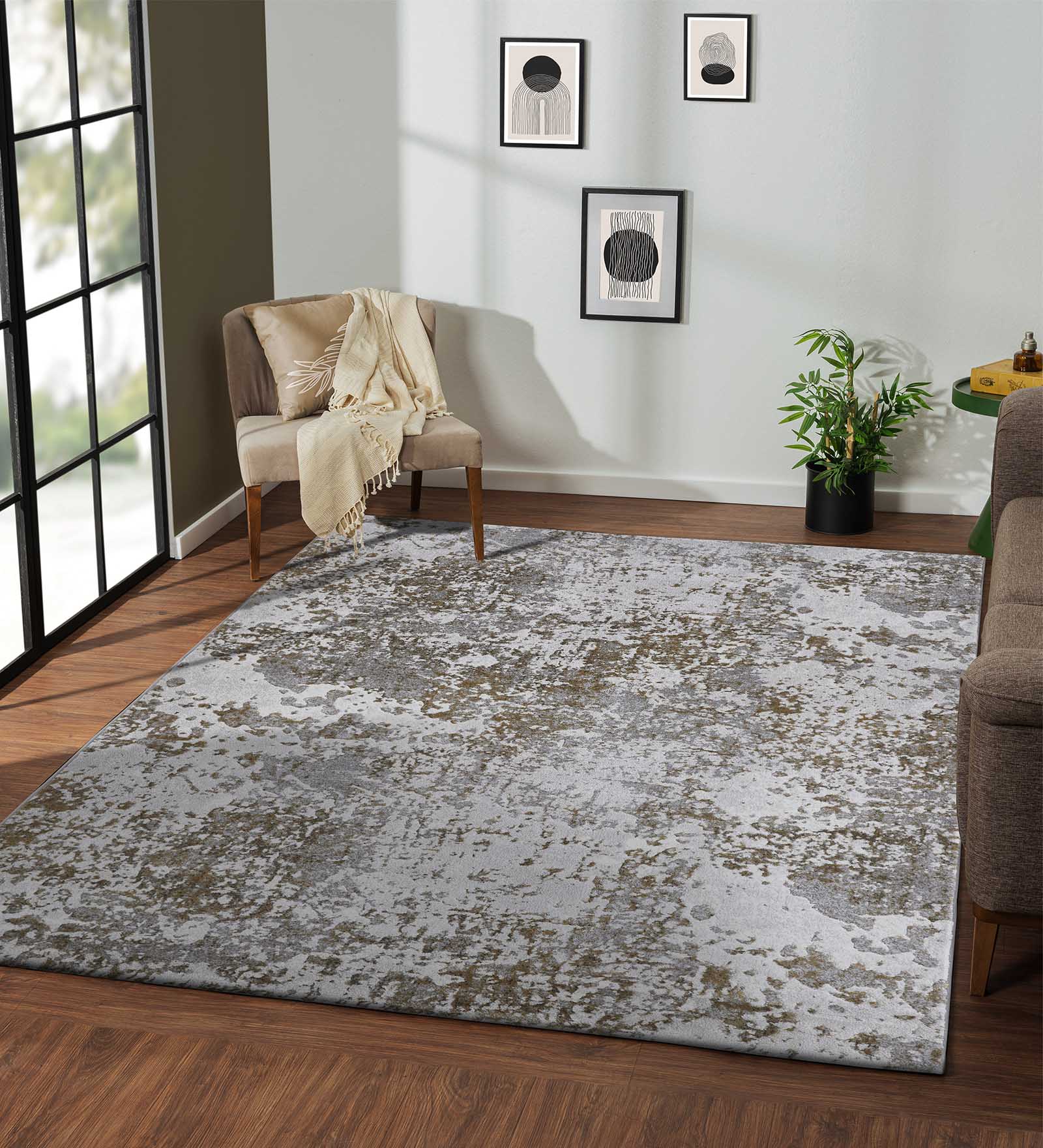 Platinum Abstract Machine Made Carpet Grey and Musterd