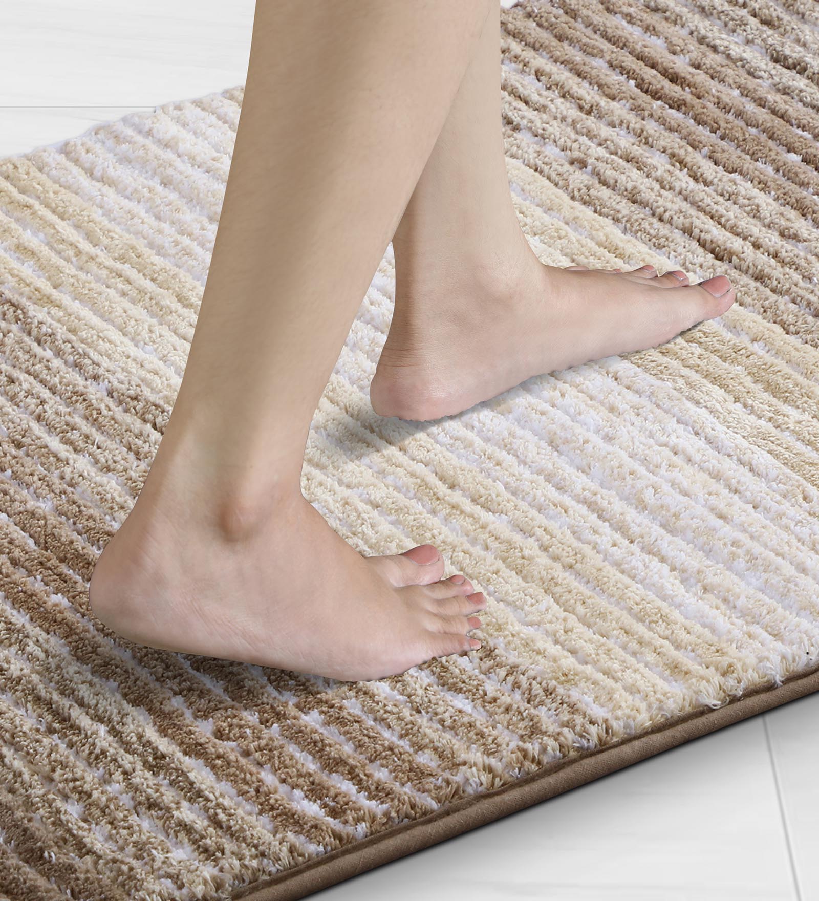 Hermosa Quick Dry Anti Skid Striped Bath Mat Beige