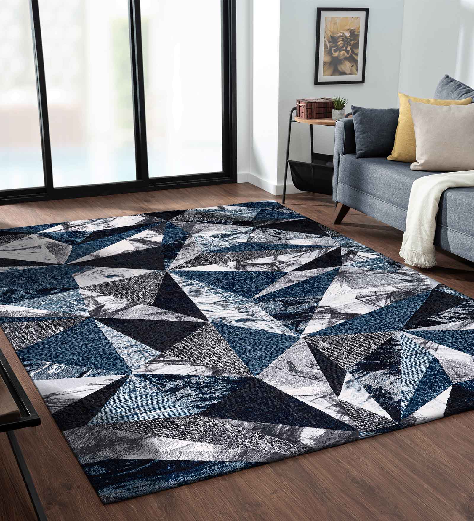 Alan Polypropylene Geometric Carpet Blue and Cream