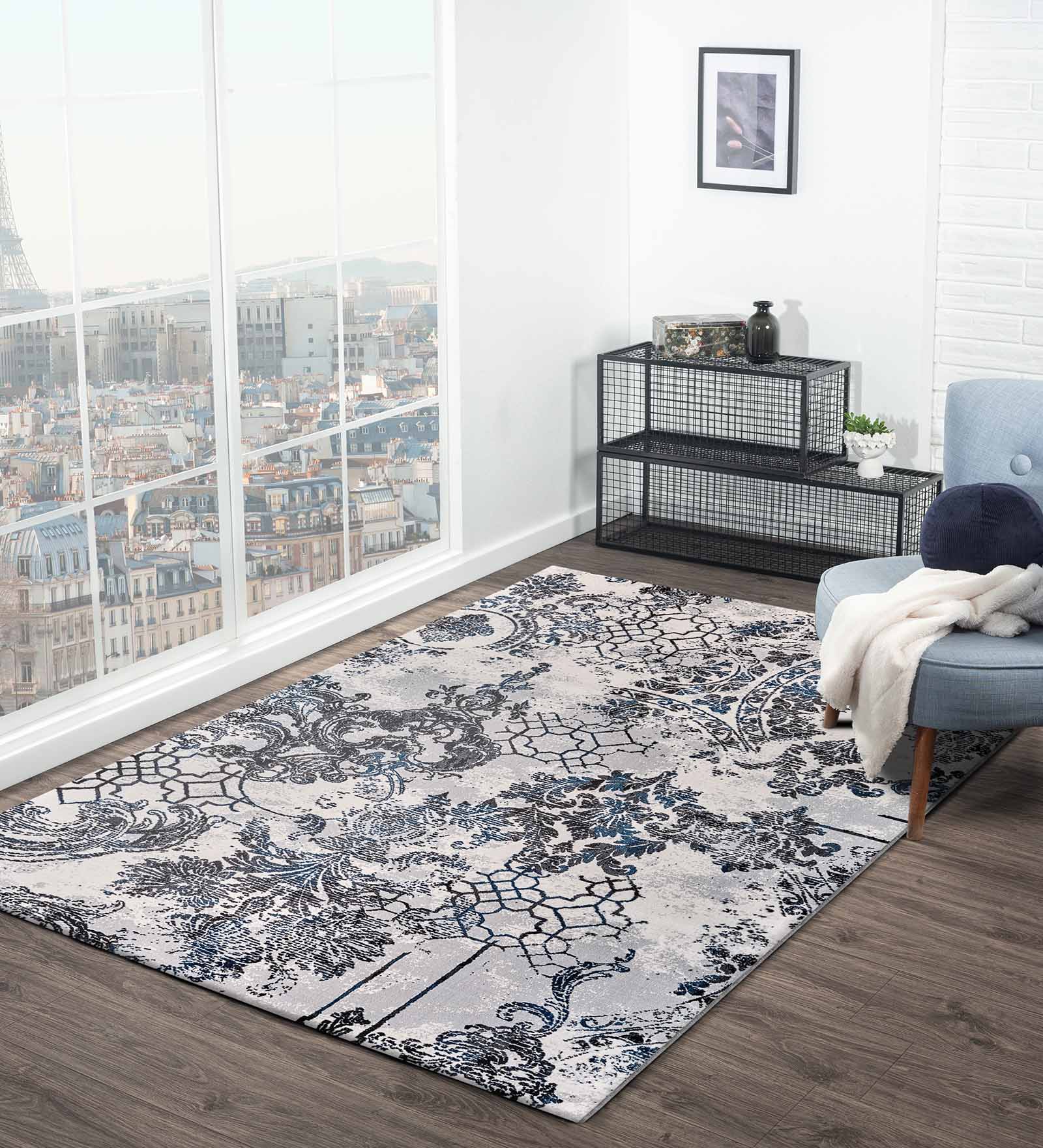 Alan Polypropylene Neo Classical Carpet Grey and Blue