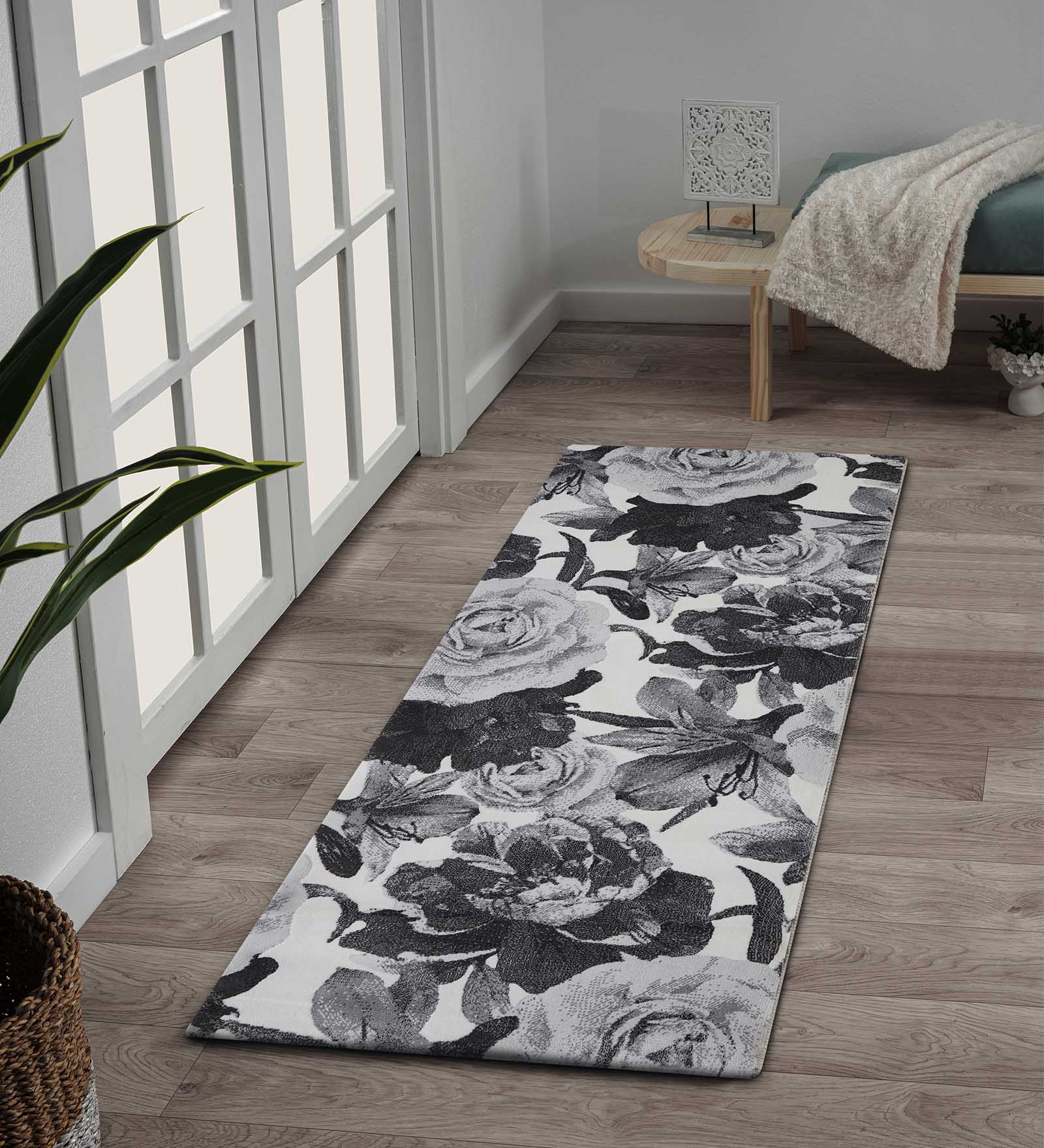 Alan Polypropylene Floral Runner D.Grey and Cream