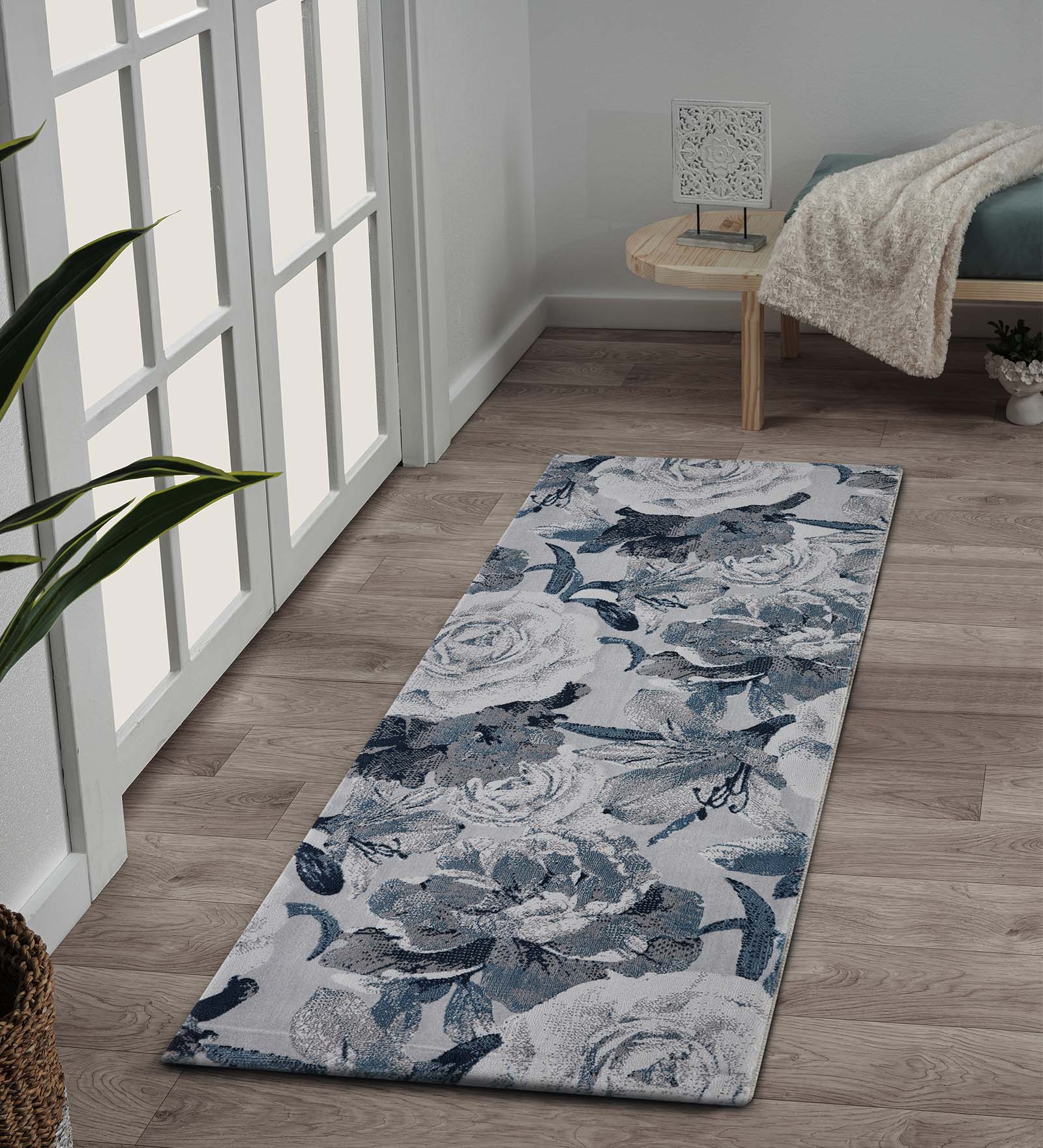 Alan Polypropylene Floral Runner Blue and L.Grey