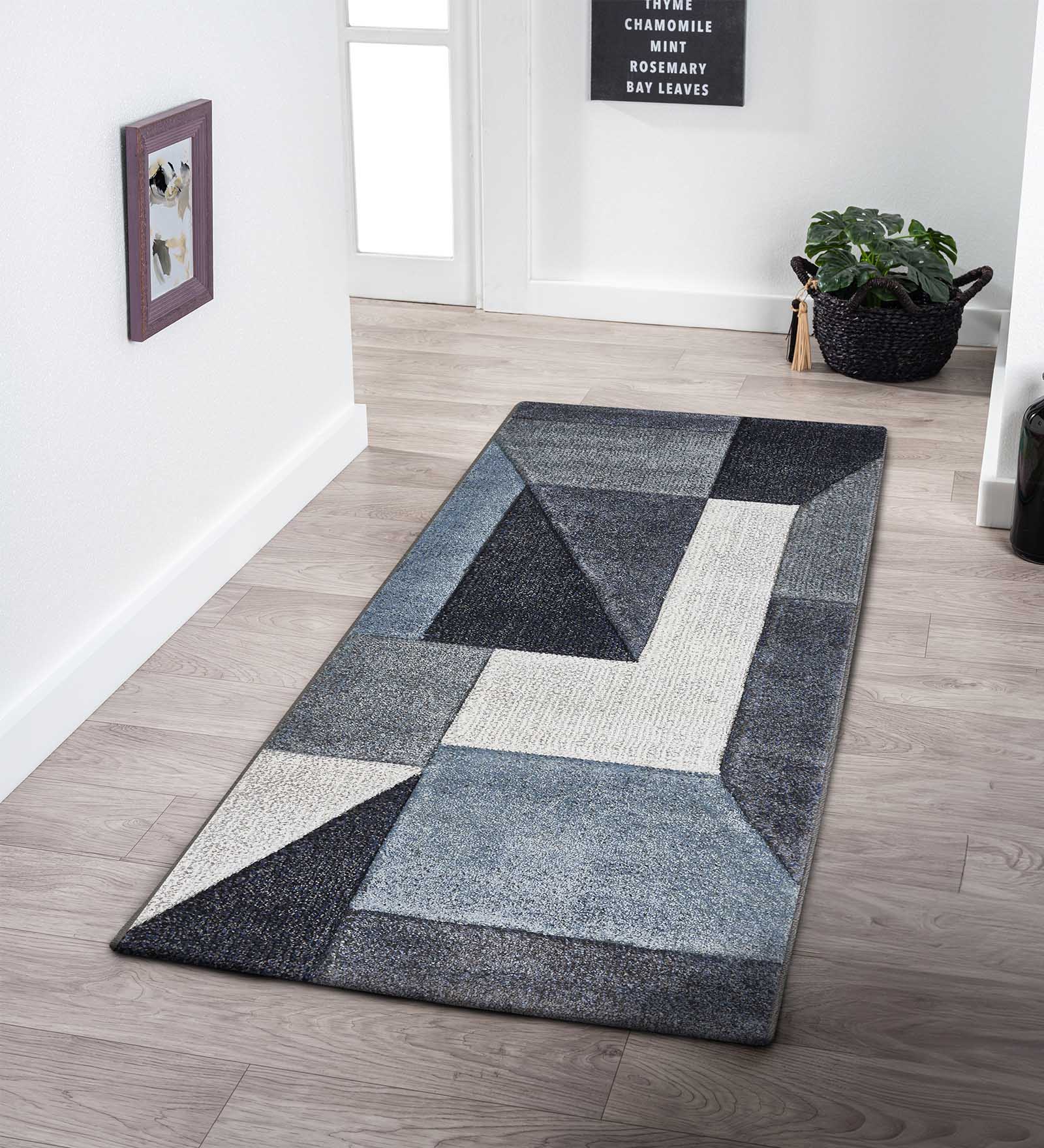 Diamond Geometric Bedside Runner L.Blue and Grey