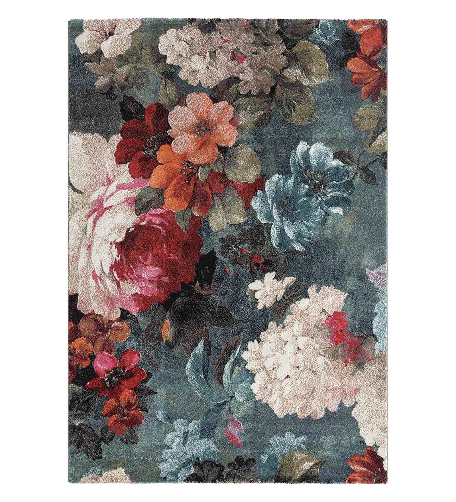 Diamond Floral Machine Made Carpet Blue and Maroon