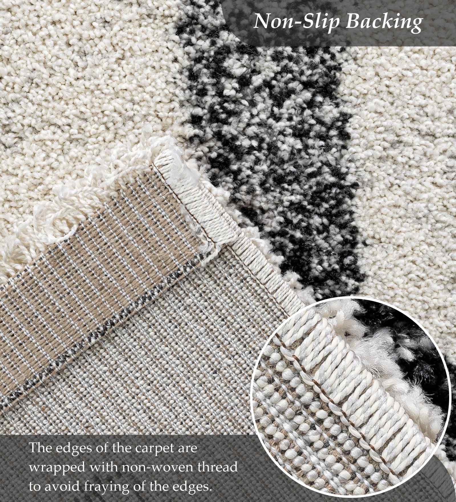 Mehari Polypropylene Shaggy Carpet Cream and Charcoal