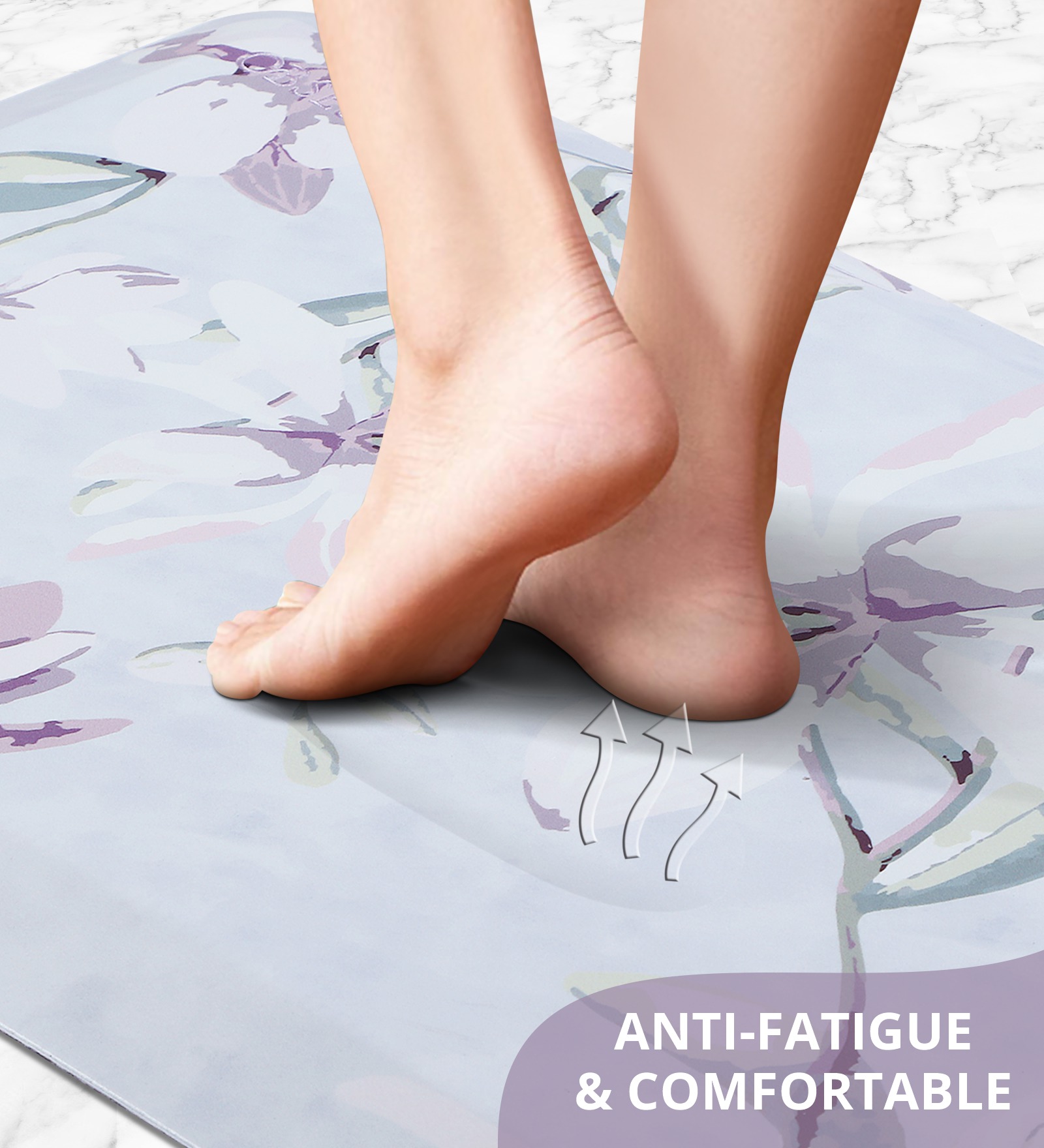 Anti-slip PU Kitchen Mat with Floral Design, Light Blue
