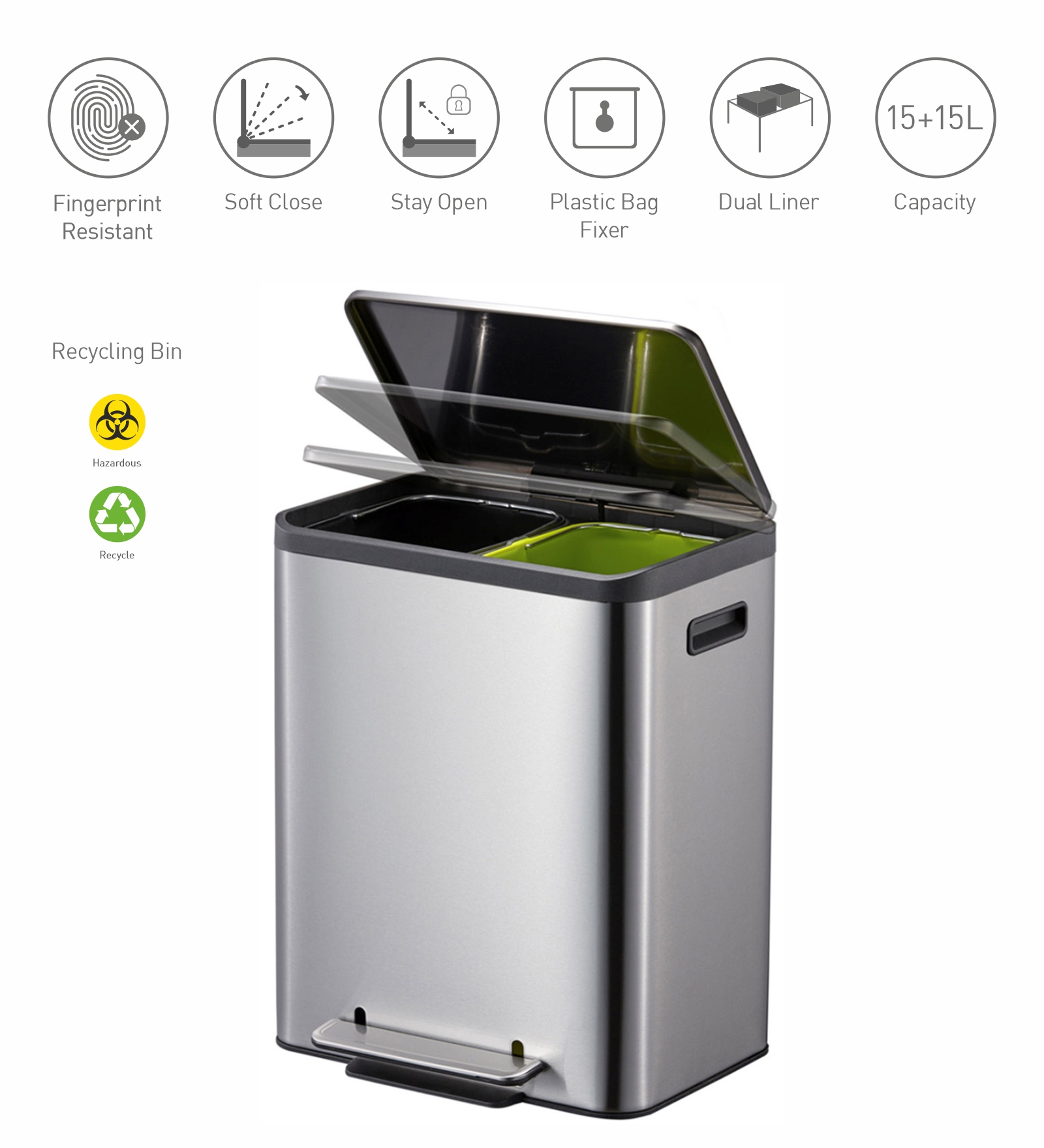 Eko 9128 Eco Casa Double Liner Recycling Step Bin Metallic