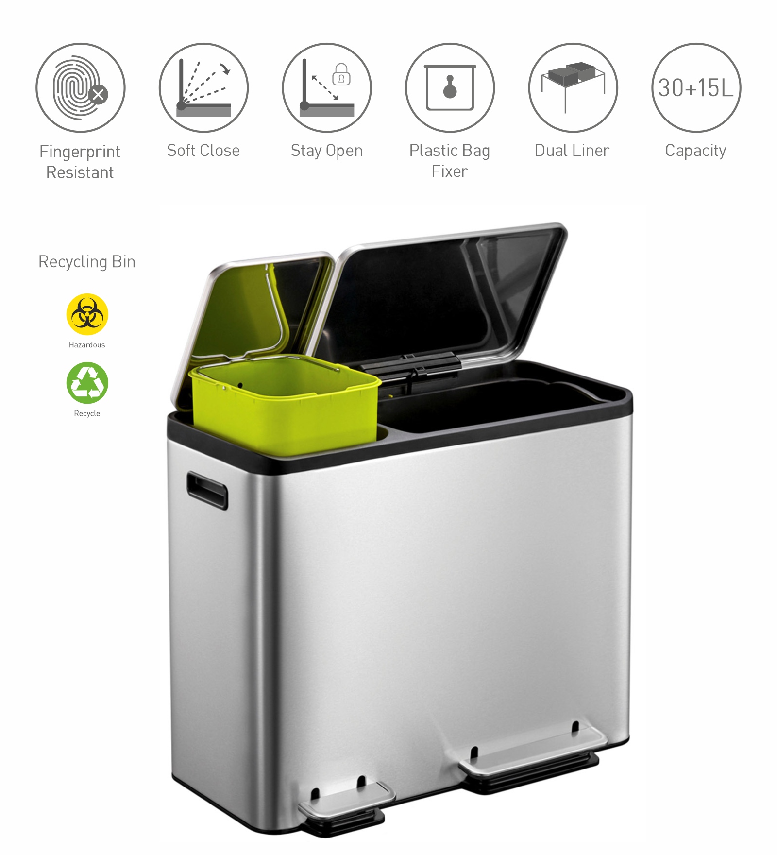 Eko 9128 Eco Casa Double Liner Recycling Step Bin Metallic