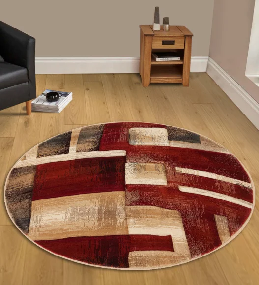 Red and Beige Round Shape Neo Abstarct Pattern Carpet, 120x120 cm