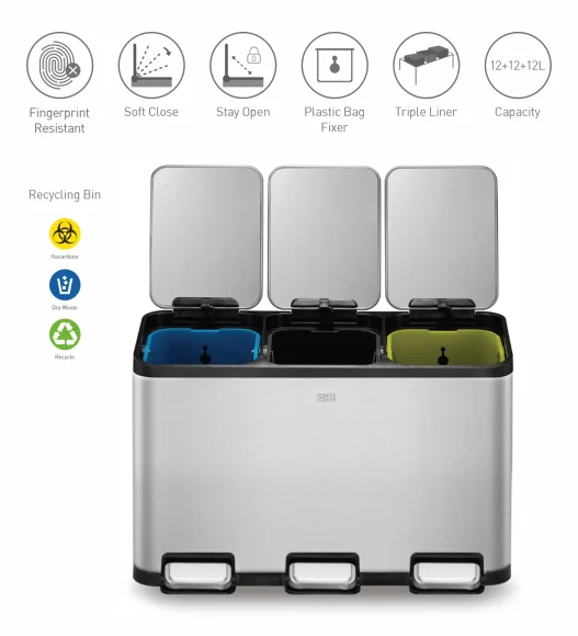 EKO 9129 Eco Casa Triple Liner Recycling Step Bin Metallic