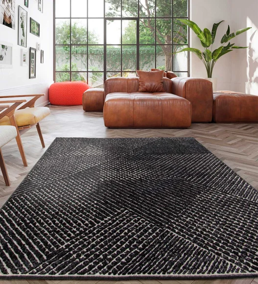Black Striped Pattern  Polypropylene Carpet, 120x170 cm