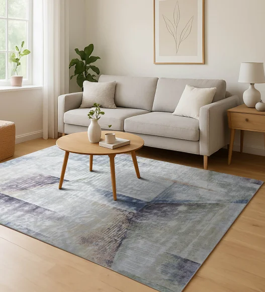 Cream and Blue Abstract Pattern  Viscose Carpet, 200x290 cm