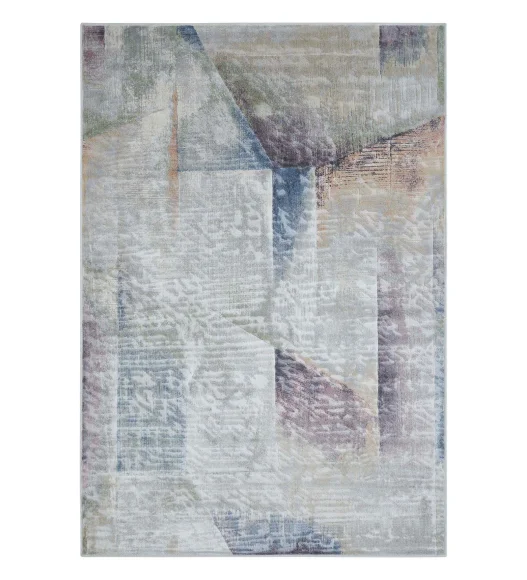 Cream and Blue Abstract Pattern  Viscose Carpet, 200x290 cm