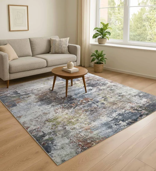 Blue and Cream Abstract Pattern  Viscose Carpet, 200x290 cm
