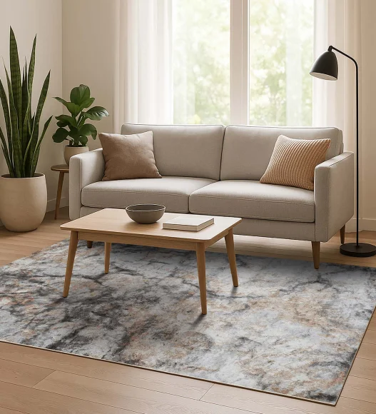 Cream and Grey Abstract Pattern  Viscose Carpet, 200x290 cm