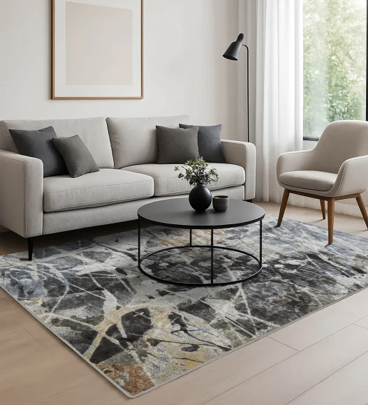 Charcoal and Blue Abstract Pattern  Viscose Carpet, 200x290 cm