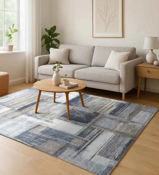 Blue and Brown Abstract Pattern  Viscose Carpet, 200x290 cm