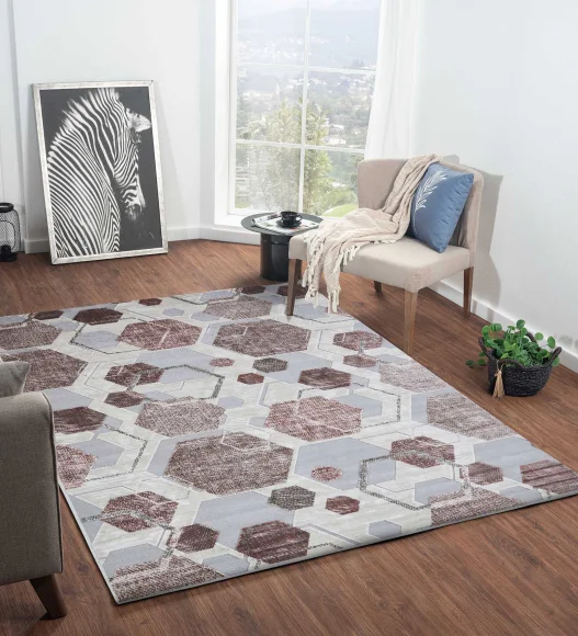Brown and Grey Geometric Viscose Carpet,200x290 cm