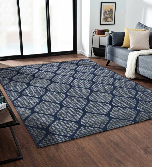 Cream and Blue Mororccan Viscose Carpet,200x290 cm