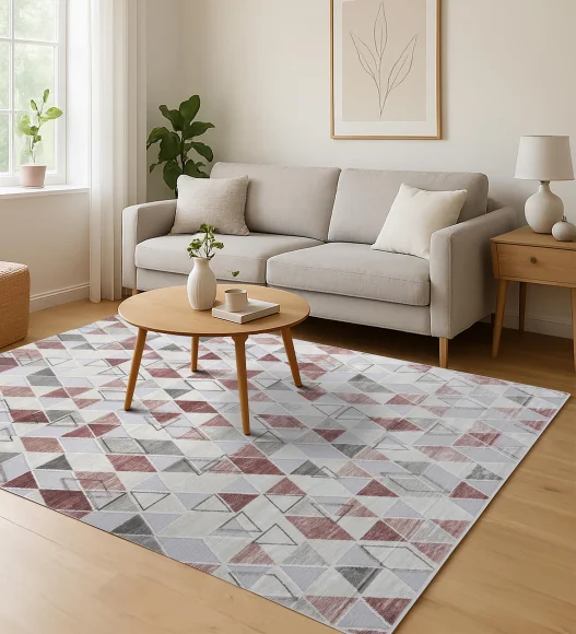 Cream and Red Geometric Viscose Carpet,200x290 cm