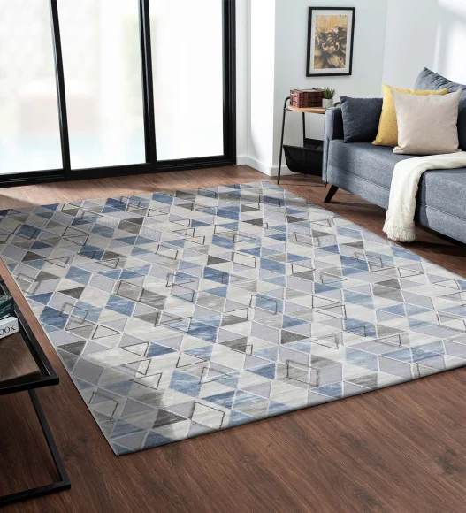 Cream and Blue Geometric Viscose Carpet,200x290 cm