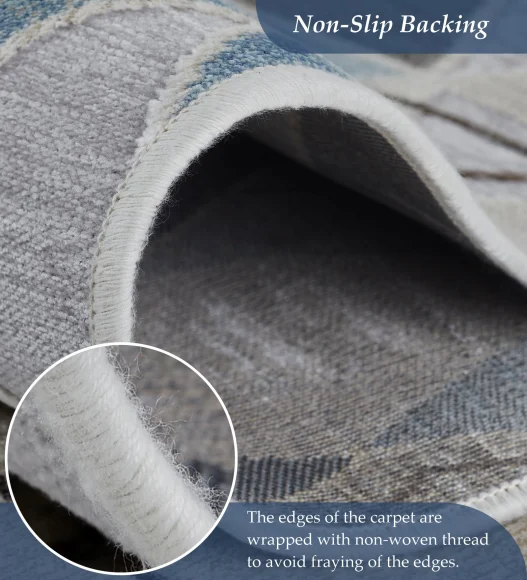 Cream and Blue Geometric Viscose Carpet,200x290 cm