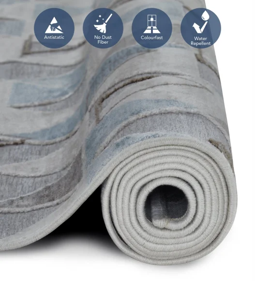 Cream and Blue Geometric Viscose Carpet,200x290 cm