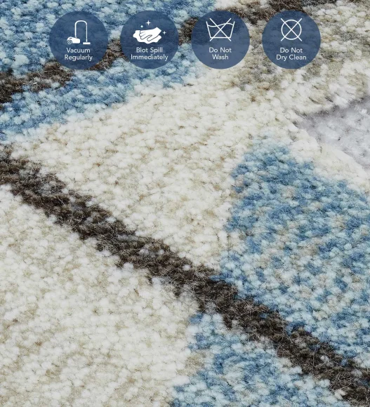Cream and Blue Geometric Viscose Carpet,200x290 cm