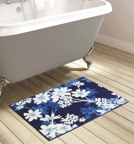 Ryan Quick Dry Polyester Bath Mat Blue and Cream