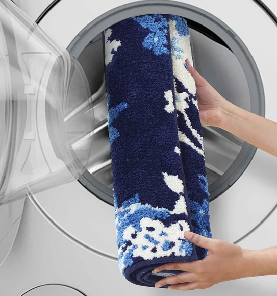 Ryan Quick Dry Polyester Bath Mat Blue and Cream
