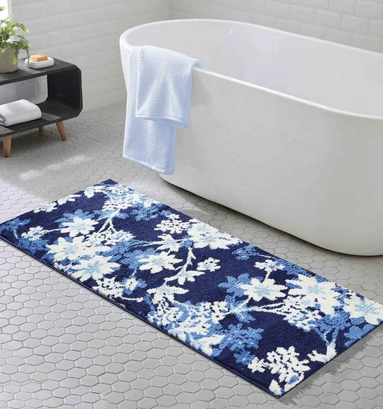 Ryan Quick Dry Polyester Bath Mat Blue and Cream