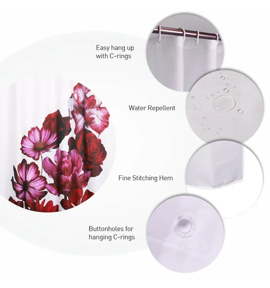 Glam Water Repellent Polyester Shower Curtain Red