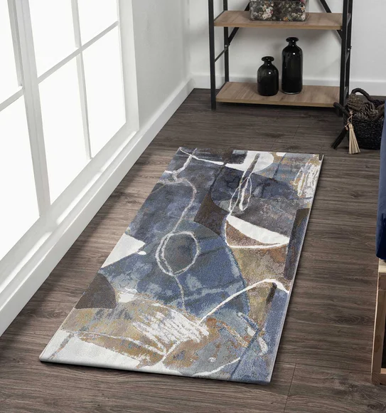 Aquarius Abstract Machine Made Runner Brown