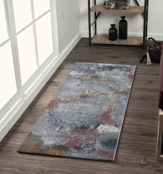 Aquarius Abstract Machine Made Runner Grey