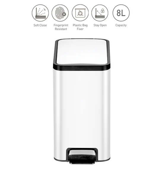 EKO 9376 Eco Slim Stainless Steel Fingerprint Resistant Step Bin White