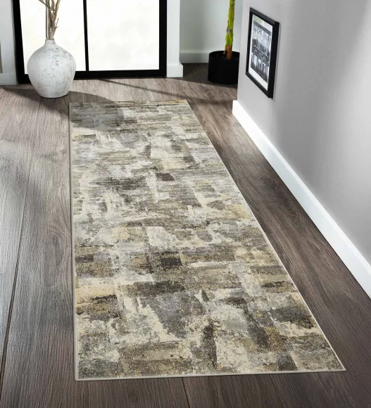 Beige and Grey Abstract Pattern Machine made  Bedside Runner, 65x110 cm