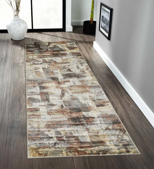 Beige and Grey Abstract Pattern Machine made  Bedside Runner, 65x110 cm
