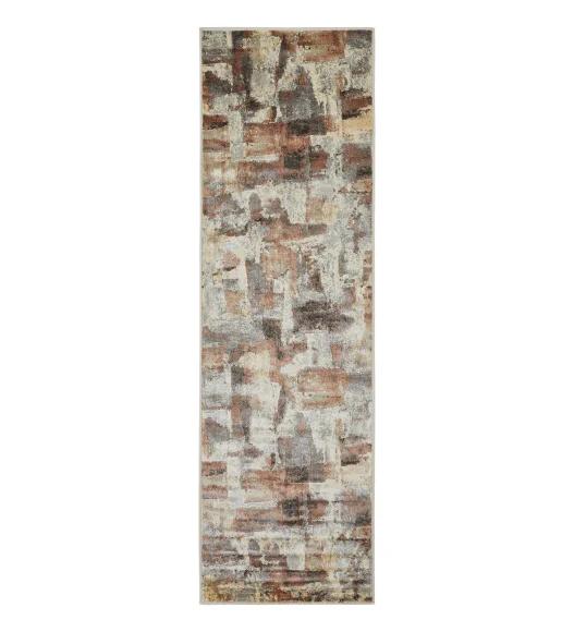 Beige and Grey Abstract Pattern Machine made  Bedside Runner, 65x110 cm