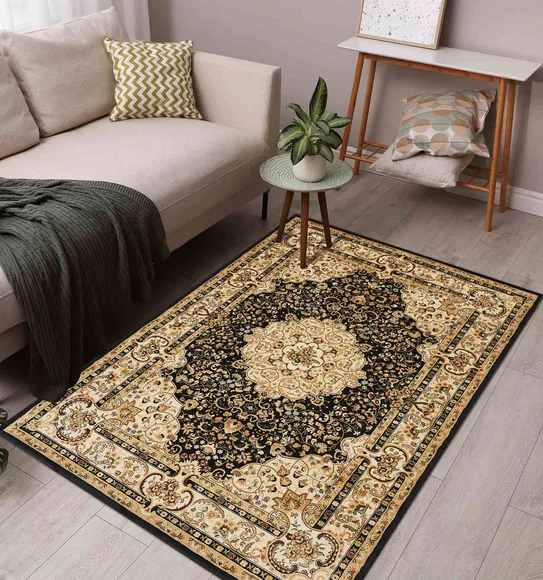 Esfahan Classical Machine Made Carpet Black and Beige