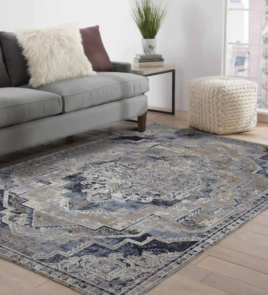 Castle Vintage Medallion Neo Classical Carpet Blue