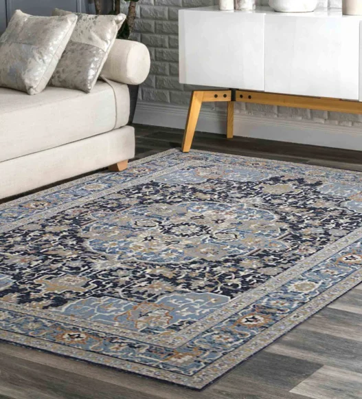 Castle Ornate Medallion Neo Classical Carpet Blue