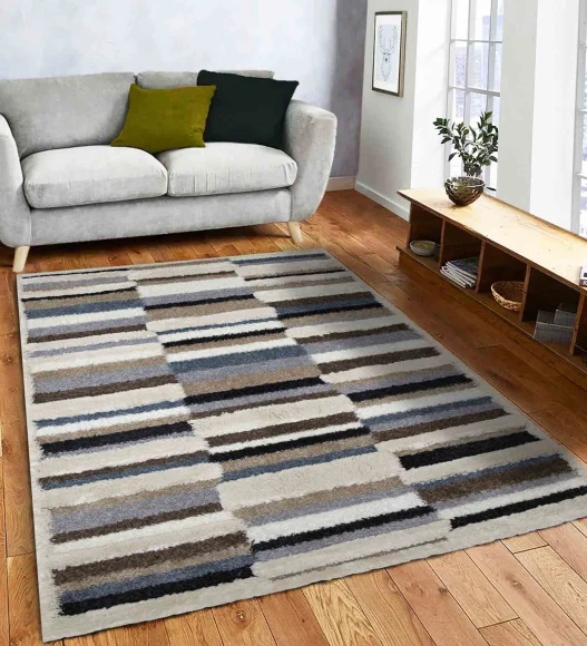 Husky Striped Shaggy Carpet D.Brown
