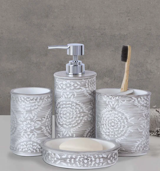 Alvina Polyresin Bath Set Dark Grey and White