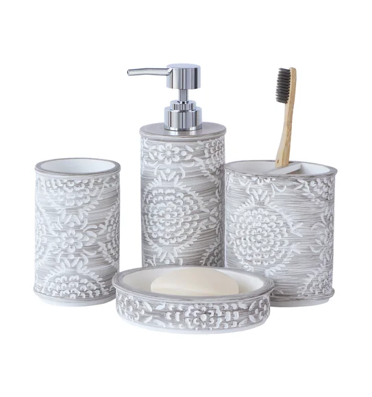 Alvina Polyresin Bath Set Dark Grey and White