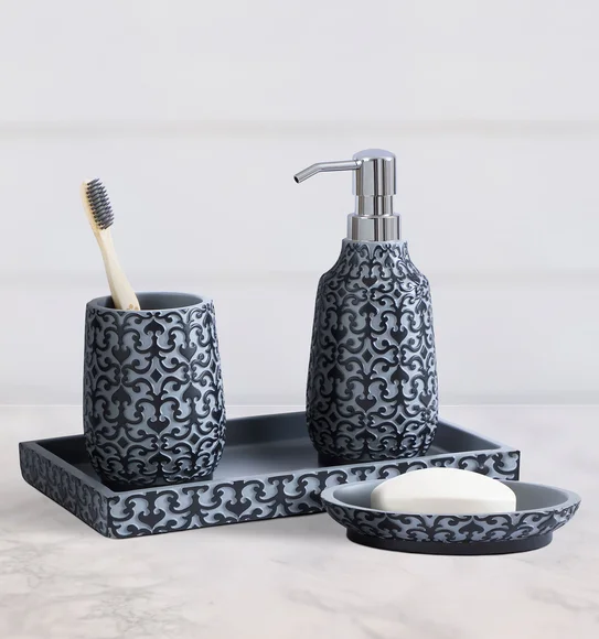 Vibe 4Pcs Bathroom Set Polyresin Bath Set Grey and Black