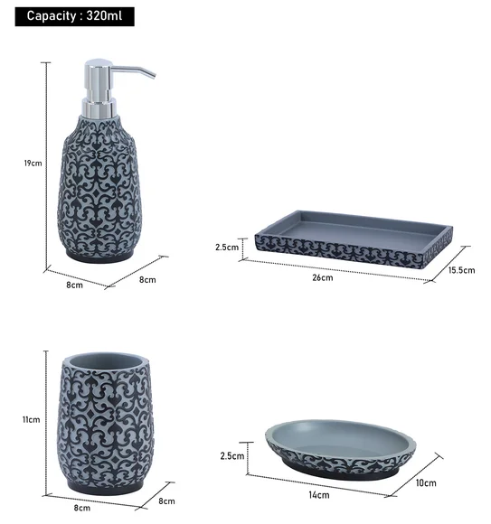 Vibe 4Pcs Bathroom Set Polyresin Bath Set Grey and Black