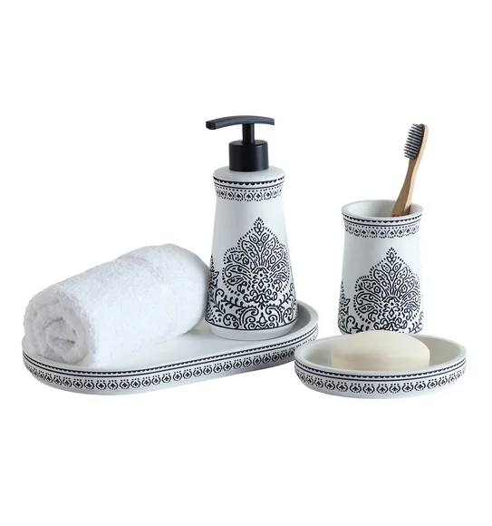 Vibe 4Pcs Bathroom Set Polyresin Bath Set White and Black