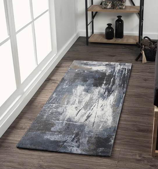 Aquarius Abstract Machine Made Runner Blue and Grey