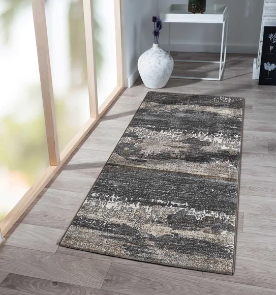 Aquarius Abstract Machine Made Runner Grey