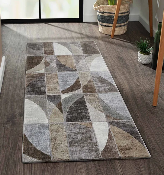 Aquarius Abstract Machine Made Runner Grey and Brown